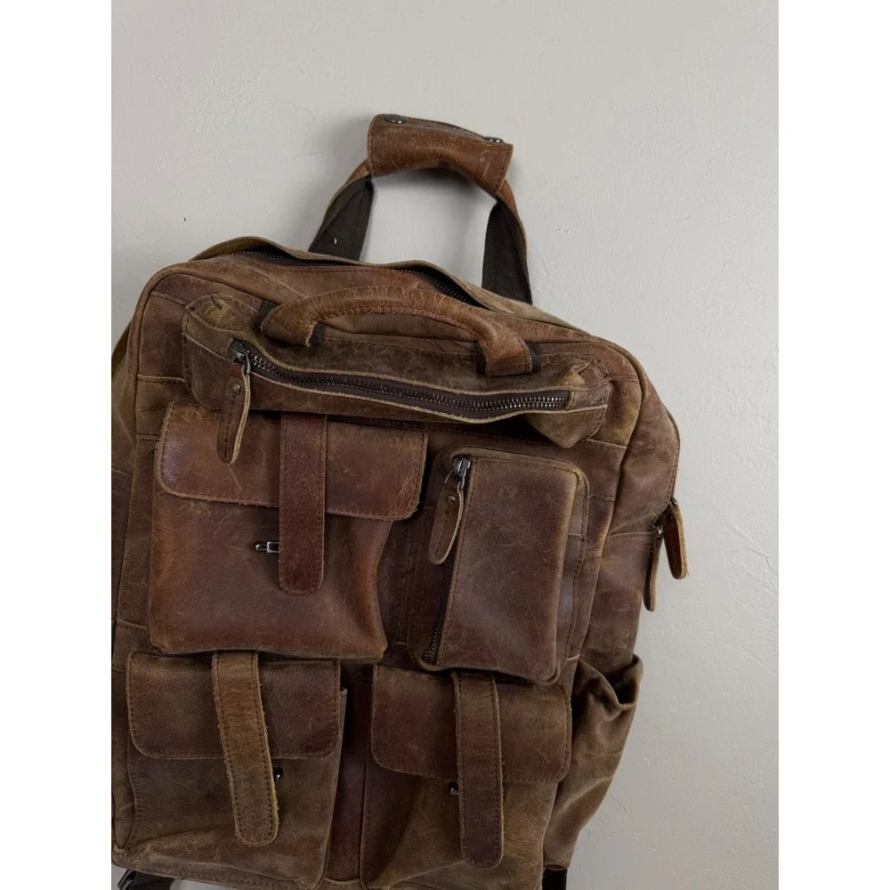 Brown Leather Multi Pocket Backpack Rucksack Laptop Sleeve Mens Bag
